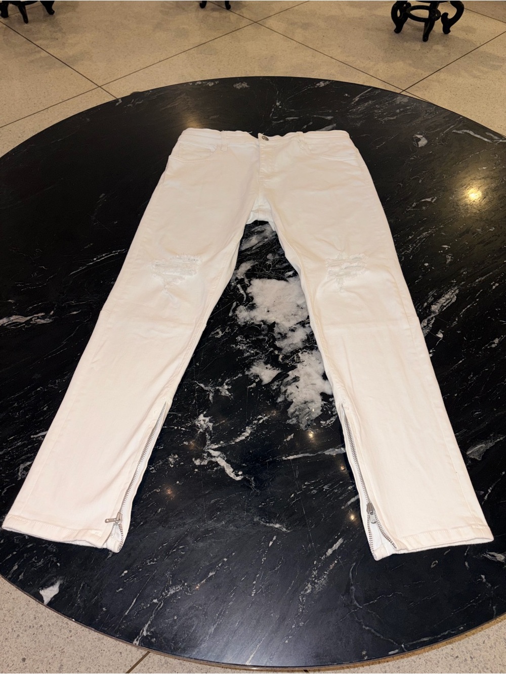 White Distressed Skinny Jeans with Ankle Zippers